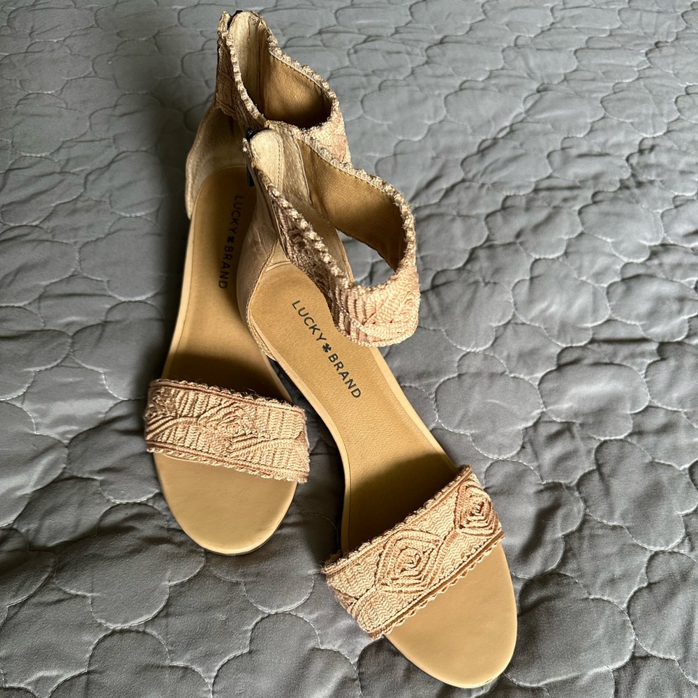 Lucky Brand Peach Leather Embroidered Ankle-Strap Wedge Sandal - Picture 3 of 7
